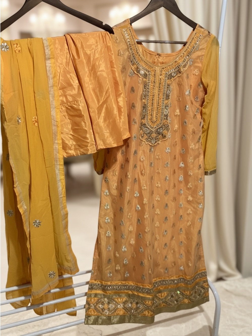 Gold Embellished Traditional Dress with Dupatta